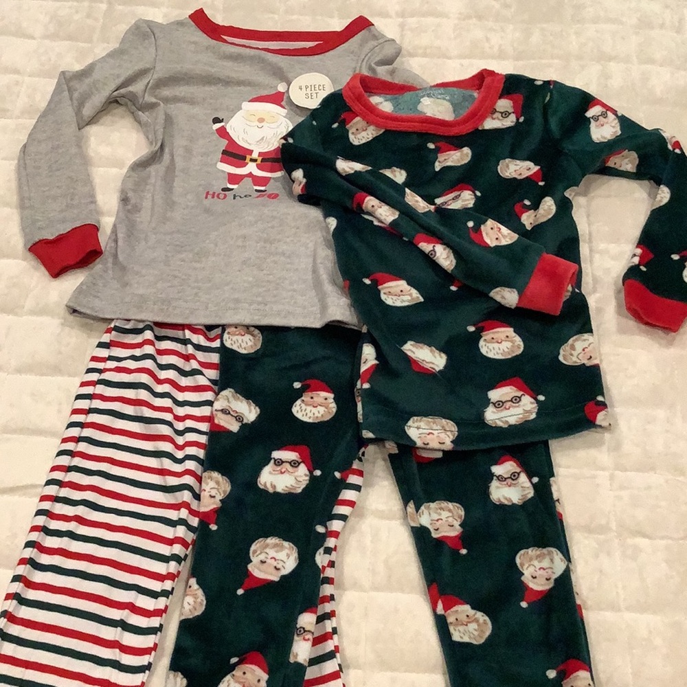 Kids Holiday Santa Pajama Set - Green, Gray, Red Trim